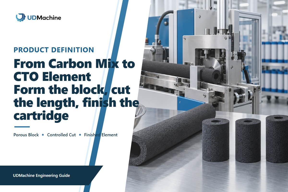 Carbon mixture, continuous extruded block, cut blocks and a finished CTO filter cartridge