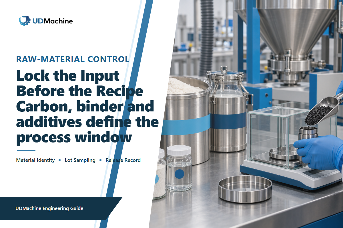 Activated carbon, binder and additive samples being weighed beside a sealed production hopper