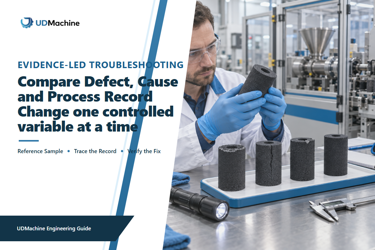 Engineer comparing chipped, cracked and acceptable CTO carbon blocks with process trend evidence