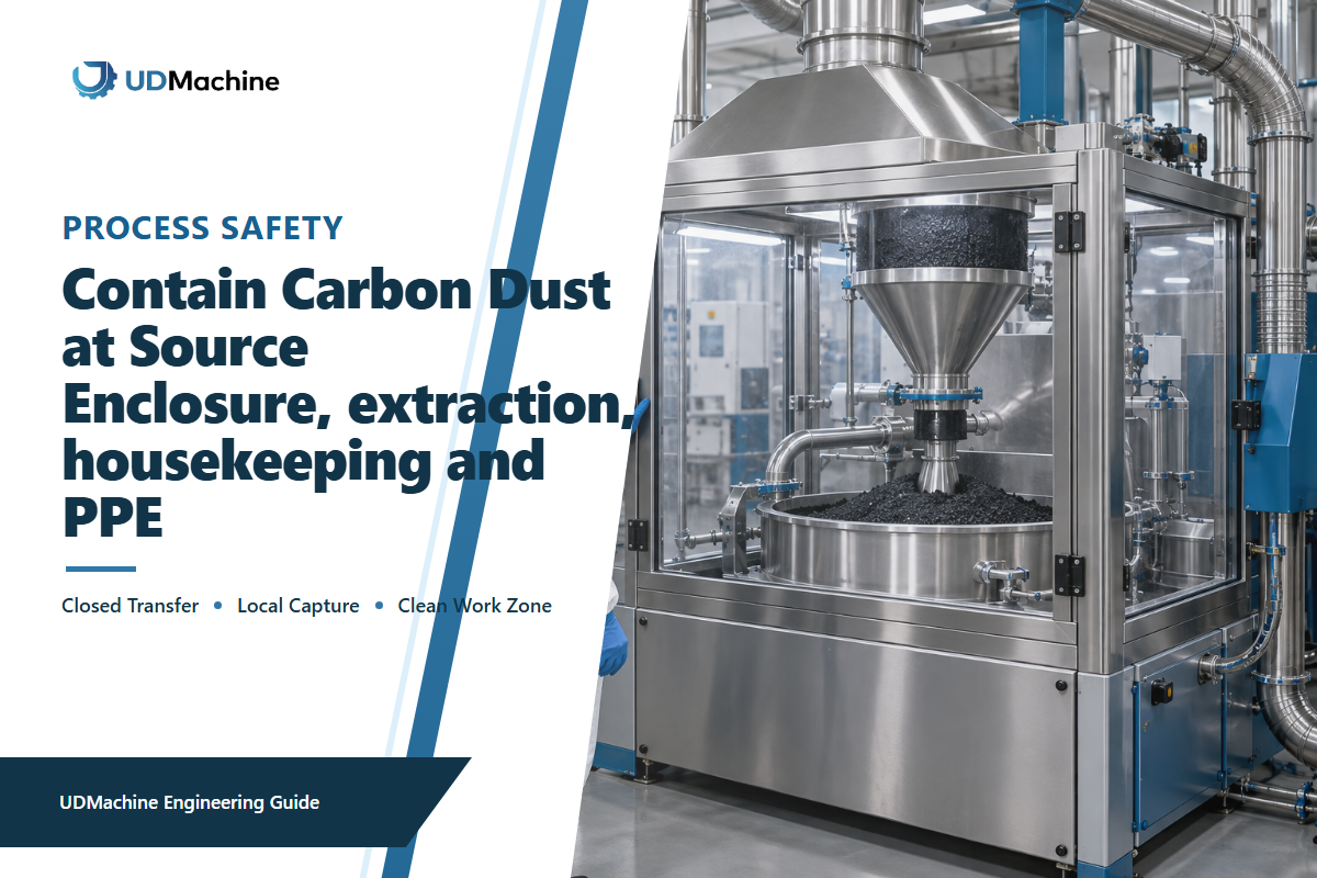 Enclosed activated carbon mixing station with extraction ducting and a properly equipped operator