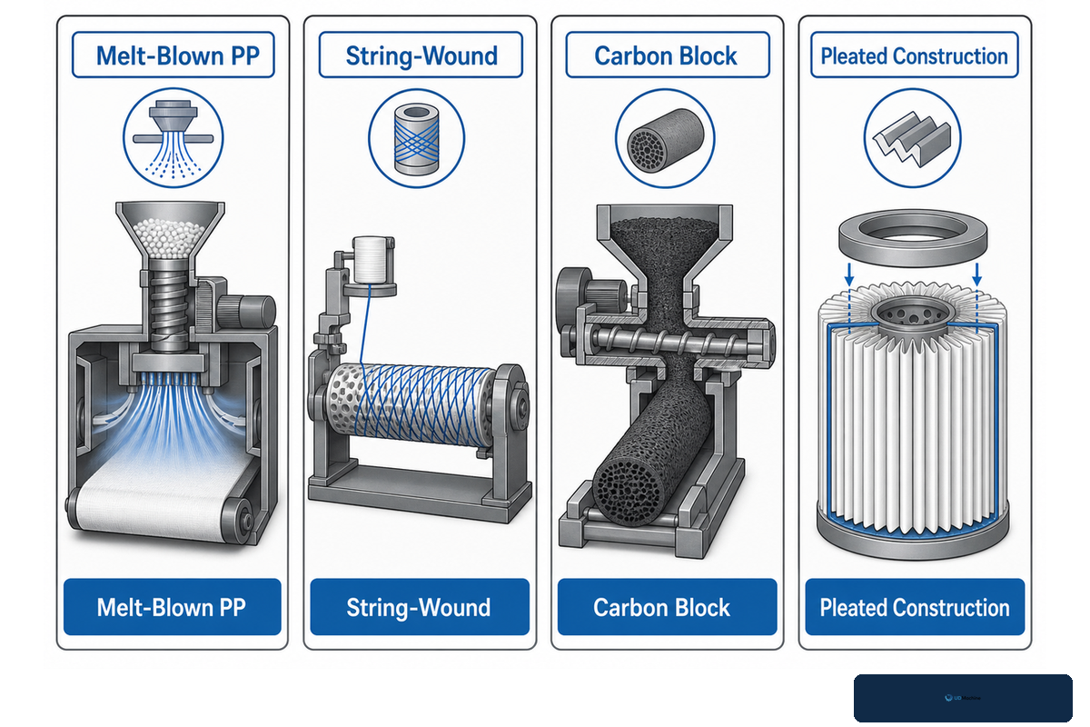 How PP, String-Wound, Carbon-Block, and Pleated Filter Cartridge Production Routes Differ — UDTECH