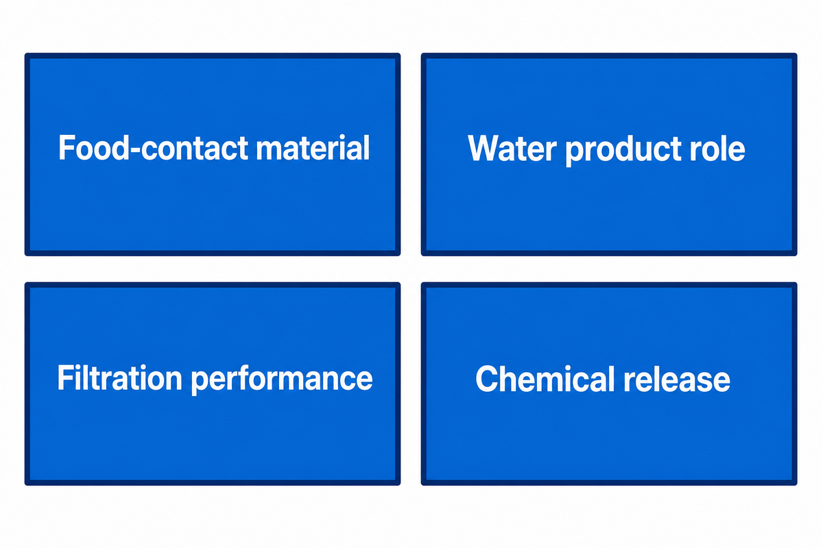 eCFR and NSF scope map separating food-contact, water-product, filtration, and chemical-release evidence