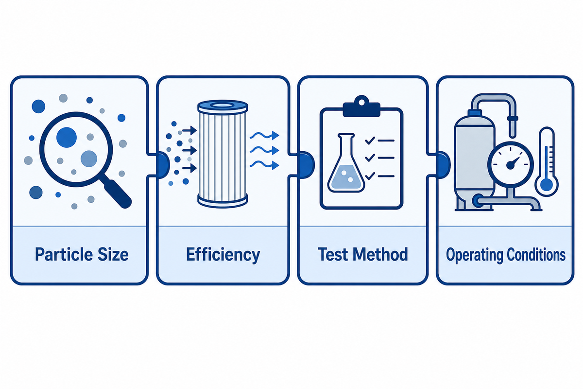 Four-part filter micron performance statement covering particle size, efficiency, test method, and operating conditions. Source: UDTECH guide.
