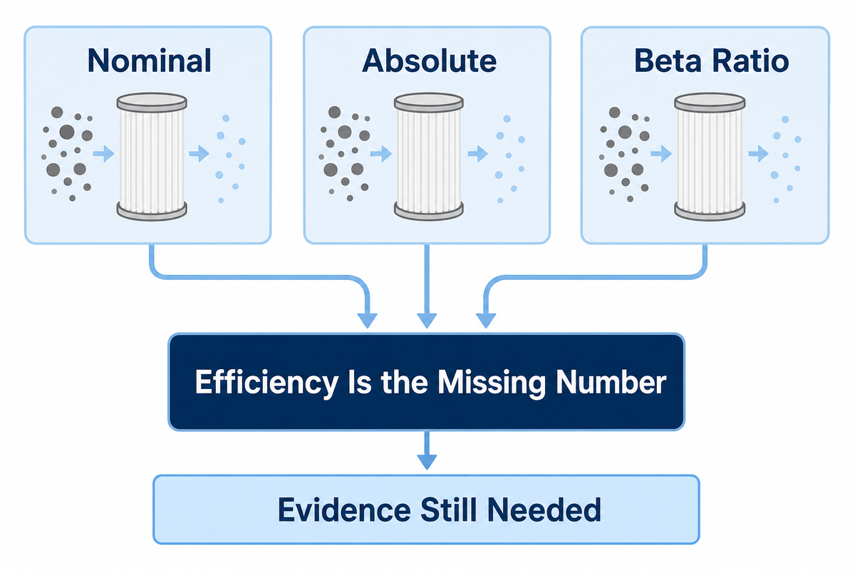Crosswalk comparing nominal, absolute, and beta-ratio filter language with evidence still needed. Source: UDTECH guide.