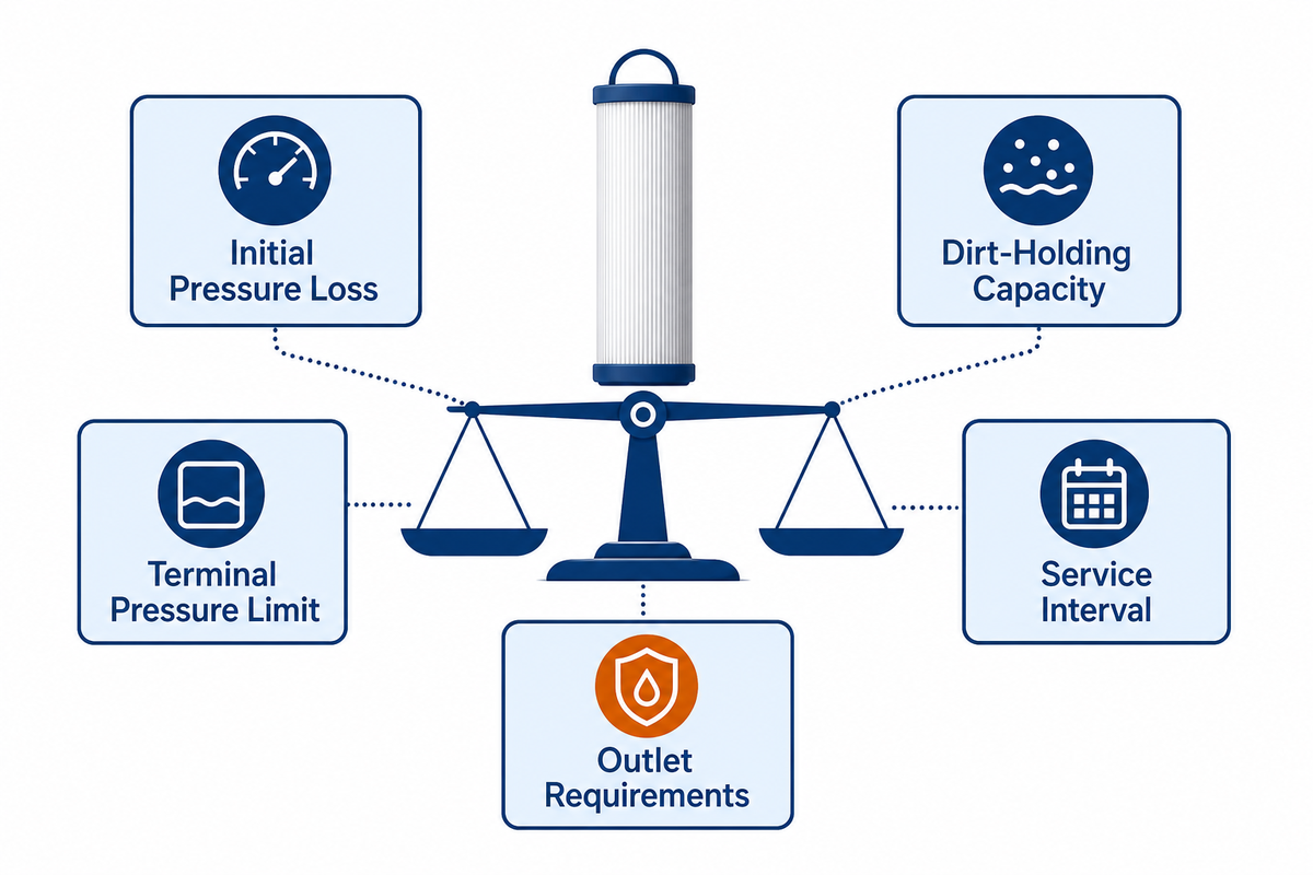 Smaller-is-better failure test reviewing pressure, capacity, service interval, and outlet requirements. Source: UDTECH guide.