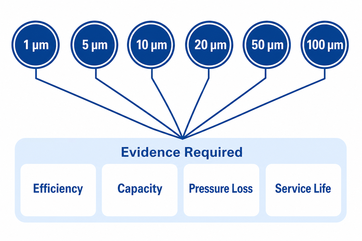 Screening comparison of common filter cartridge micron bands with evidence required before selection. Source: UDTECH guide.
