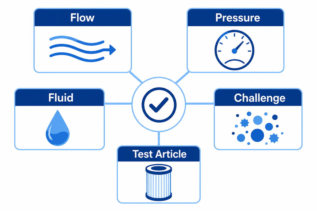Five-condition cartridge datasheet comparison covering flow, pressure, fluid, challenge, and test article. Source: UDTECH guide.