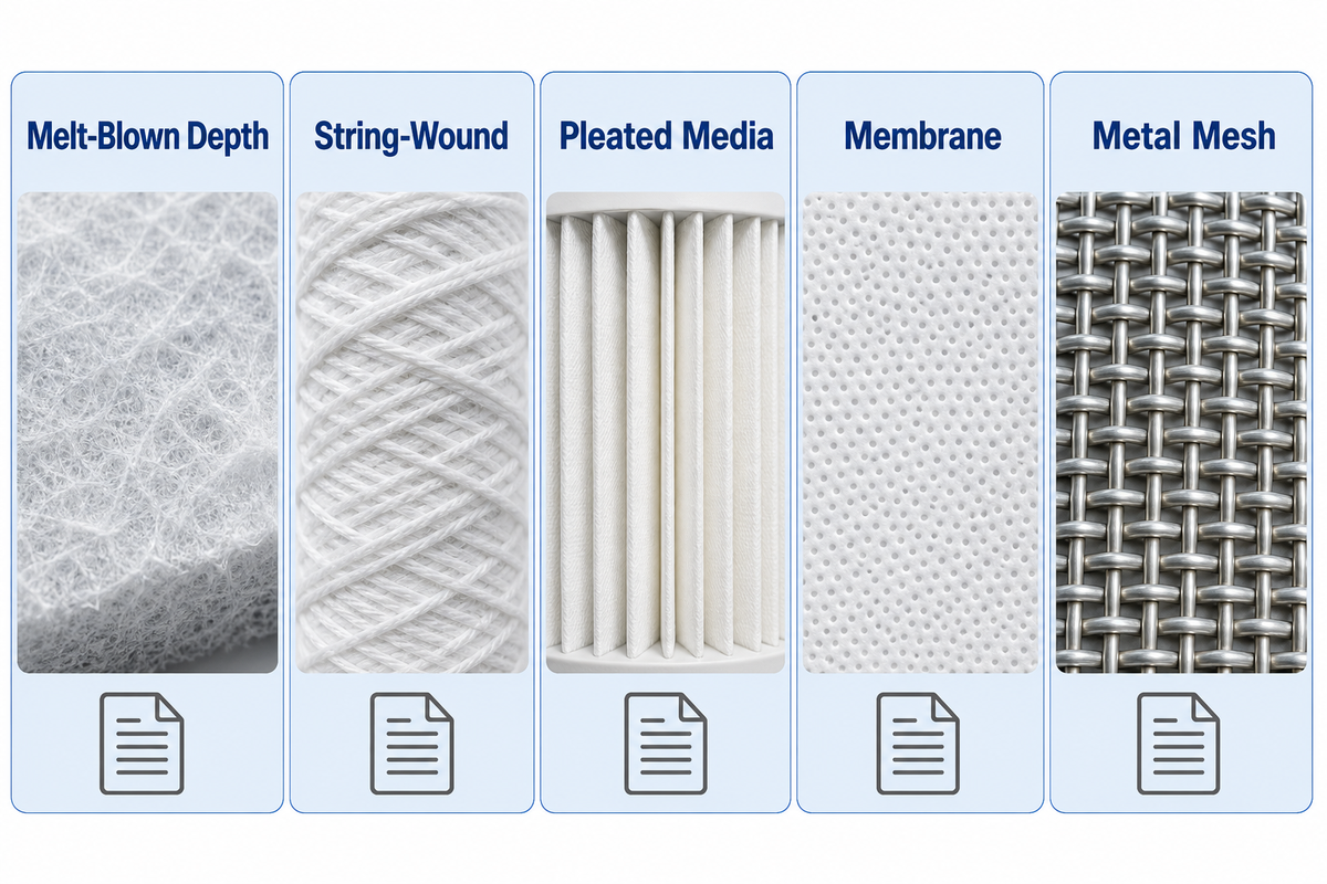 Filter media construction atlas showing distinct evidence needs for depth, wound, pleated, membrane, and mesh media. Source: UDTECH guide.