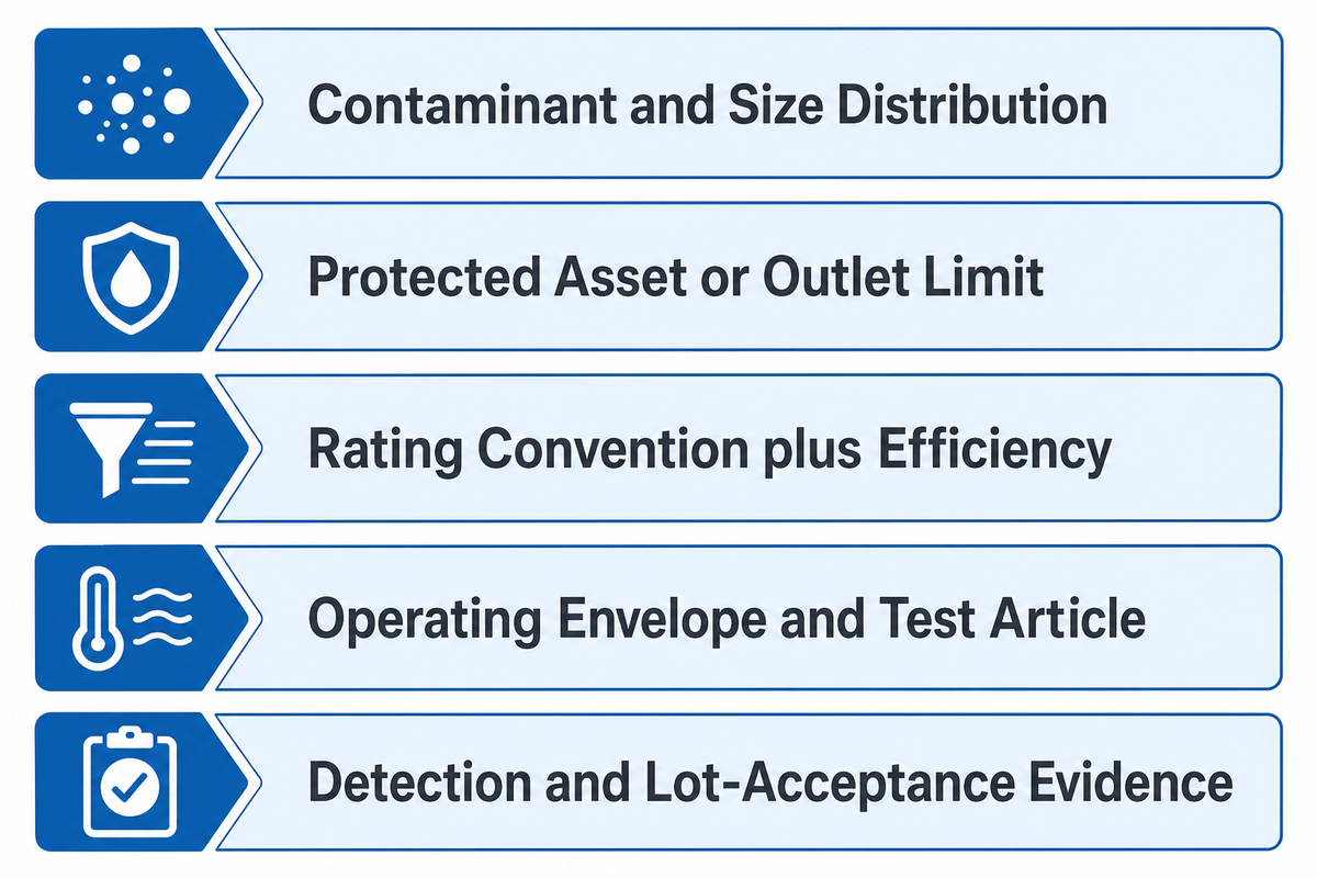 Five-field micron decision card for contaminant, outlet, rating, operating, and lot evidence. Source: UDTECH guide.