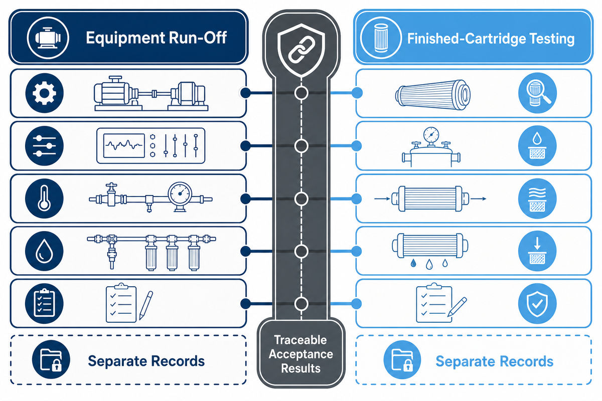 Machine-to-cartridge evidence split separating equipment run-off from finished-cartridge testing. Source: UDTECH guide.