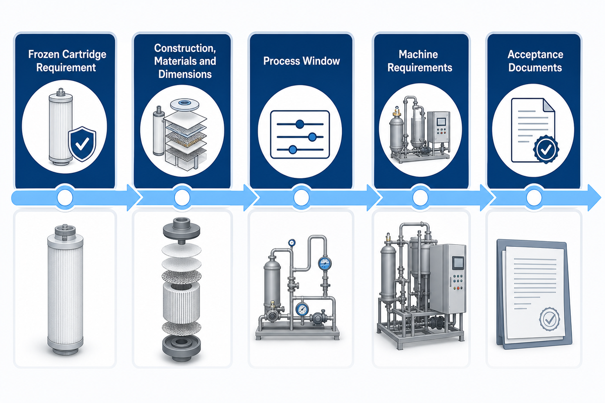 Handoff from frozen cartridge requirement to production-line RFQ inputs and acceptance documents. Source: UDTECH guide.