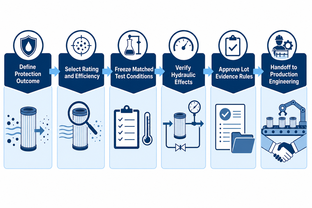 Six-stage filter cartridge decision framework choosing evidence before a micron number. Source: UDTECH guide.