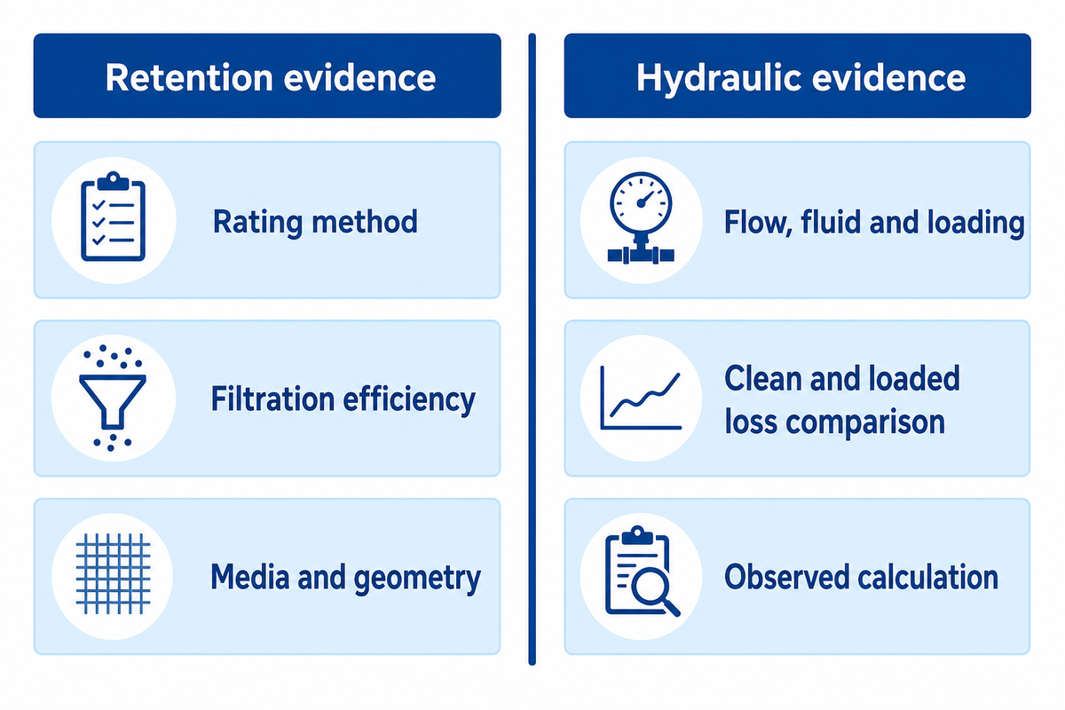 Separate retention and hydraulic evidence tracks for micron rating and filter cartridge pressure drop