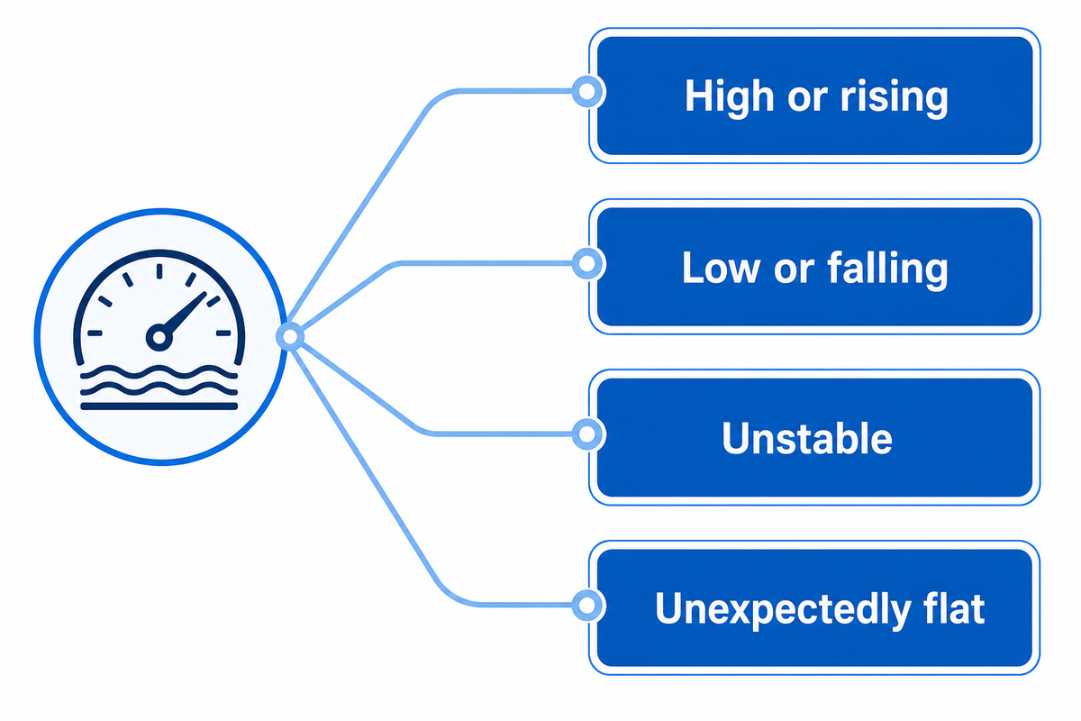Four-branch filter cartridge pressure-drop diagnosis for high, low, unstable, and unexpectedly flat readings