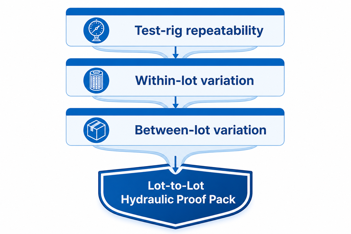 Repeatability model separating test-rig, within-lot, and between-lot variation in a hydraulic proof pack