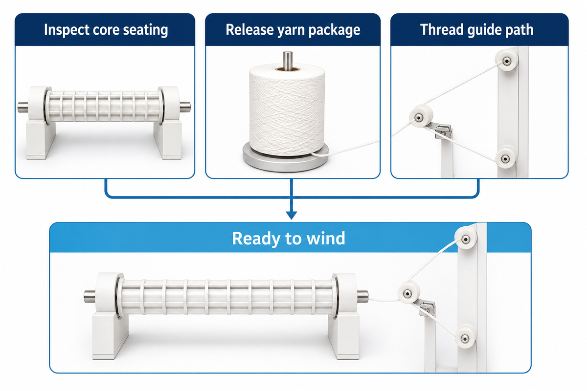 Core seating, released yarn and a clear guide path prepare the winding station.