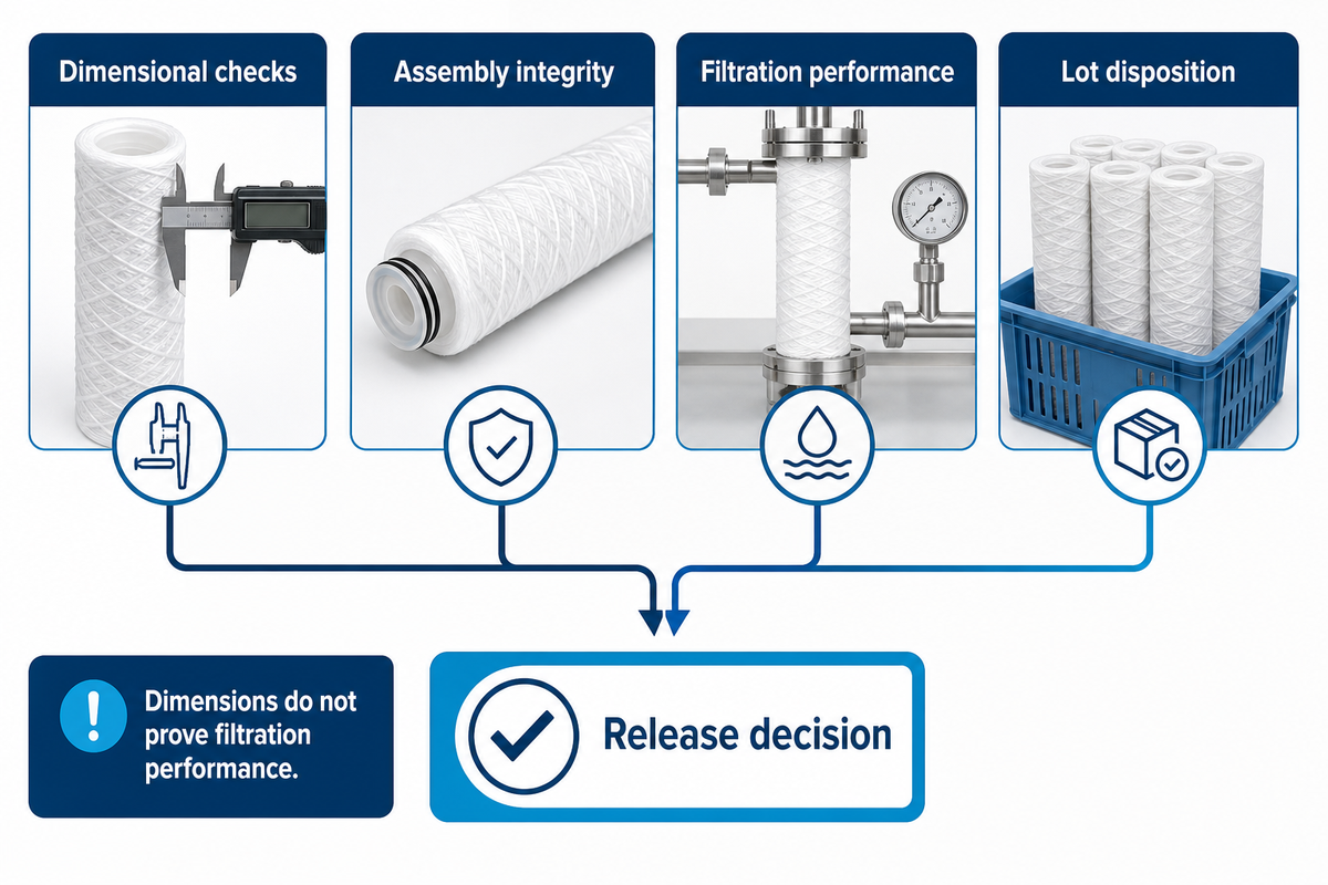Dimensions, assembly integrity and filtration performance feed separate lot-release evidence.