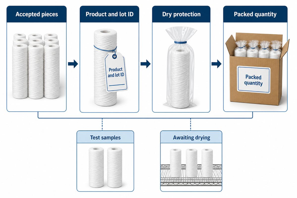 Only released dry cartridges enter labelled protective packaging.
