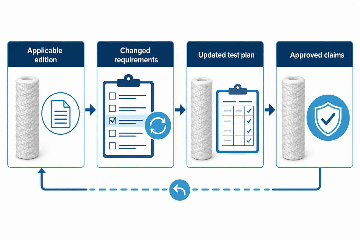 A standard revision prompts edition review, test-plan updates and claim approval.
